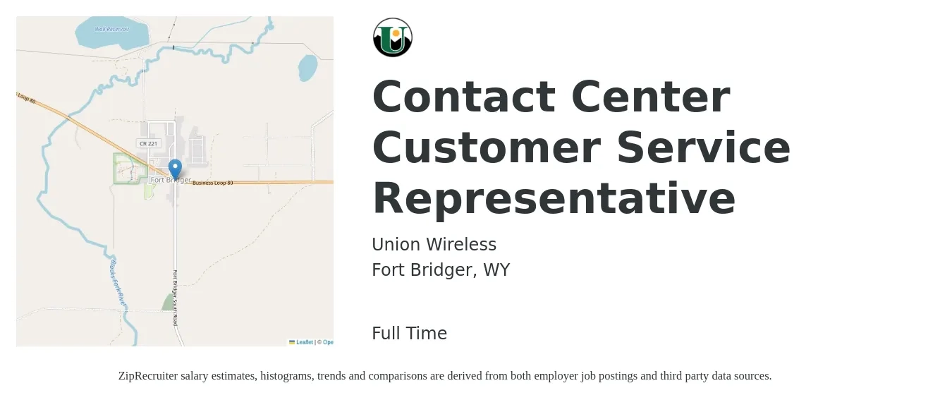 Union Wireless job posting for a Contact Center Customer Service Representative in Fort Bridger, WY with a salary of $17 to $20 Hourly with a map of Fort Bridger location.
