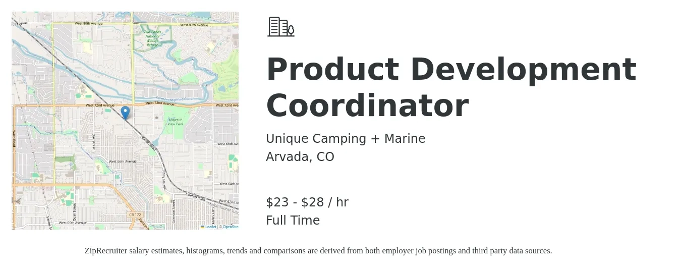 Unique Camping + Marine job posting for a Product Development Coordinator in Arvada, CO with a salary of $24 to $30 Hourly with a map of Arvada location.