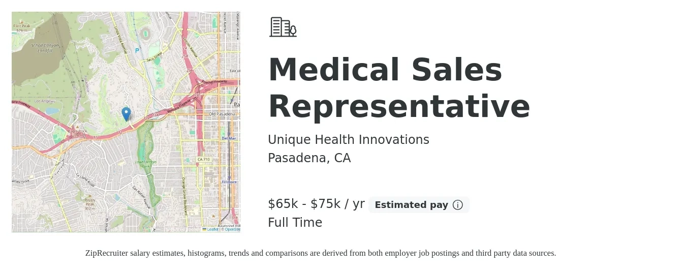 Unique Health Innovations job posting for a Medical Sales Representative in Pasadena, CA with a salary of $65,000 to $75,000 Yearly with a map of Pasadena location.