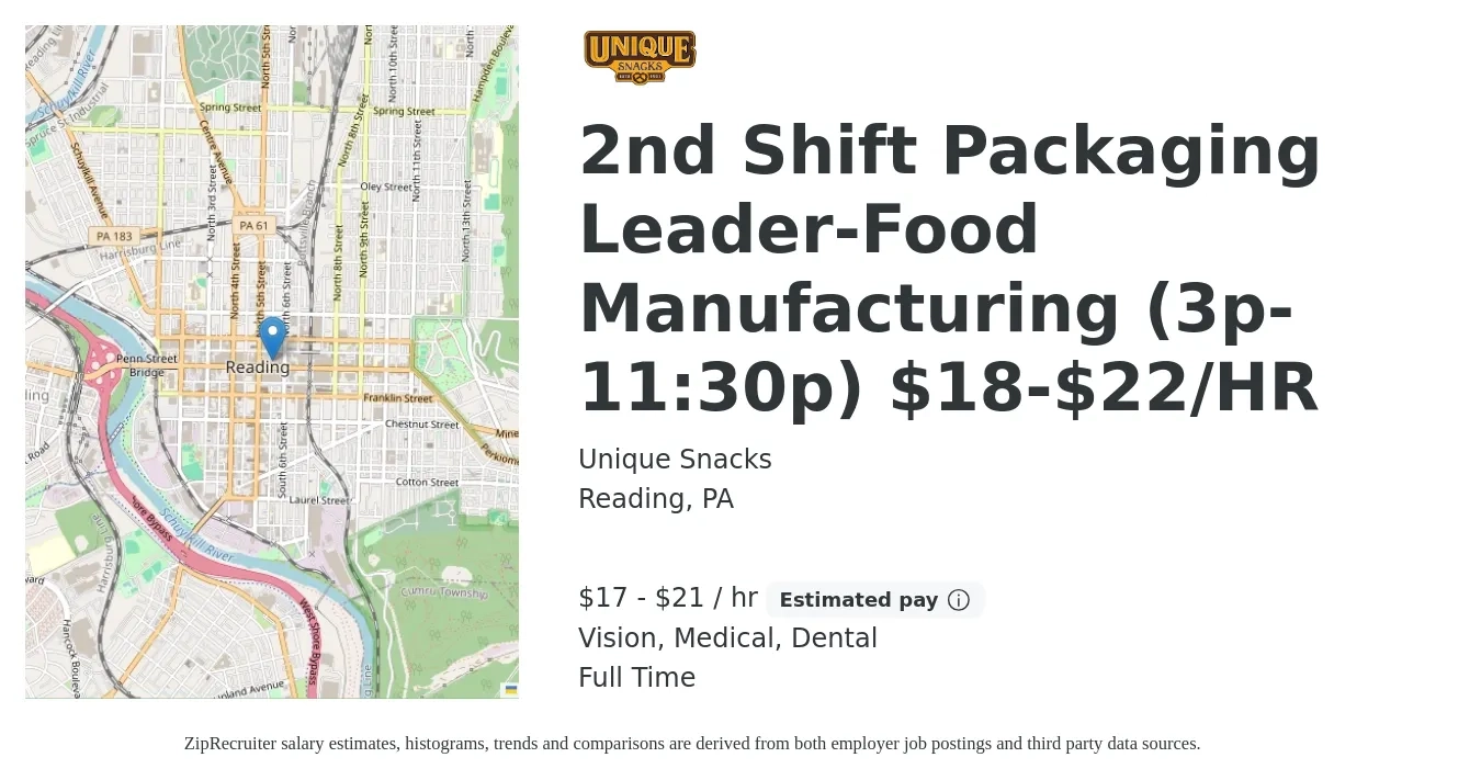 Unique Snacks job posting for a 2nd Shift Packaging Leader-Food Manufacturing (3p-11:30p) $18-$22/HR in Reading, PA with a salary of $18 to $22 Hourly and benefits including dental, life_insurance, medical, pto, retirement, and vision with a map of Reading location.