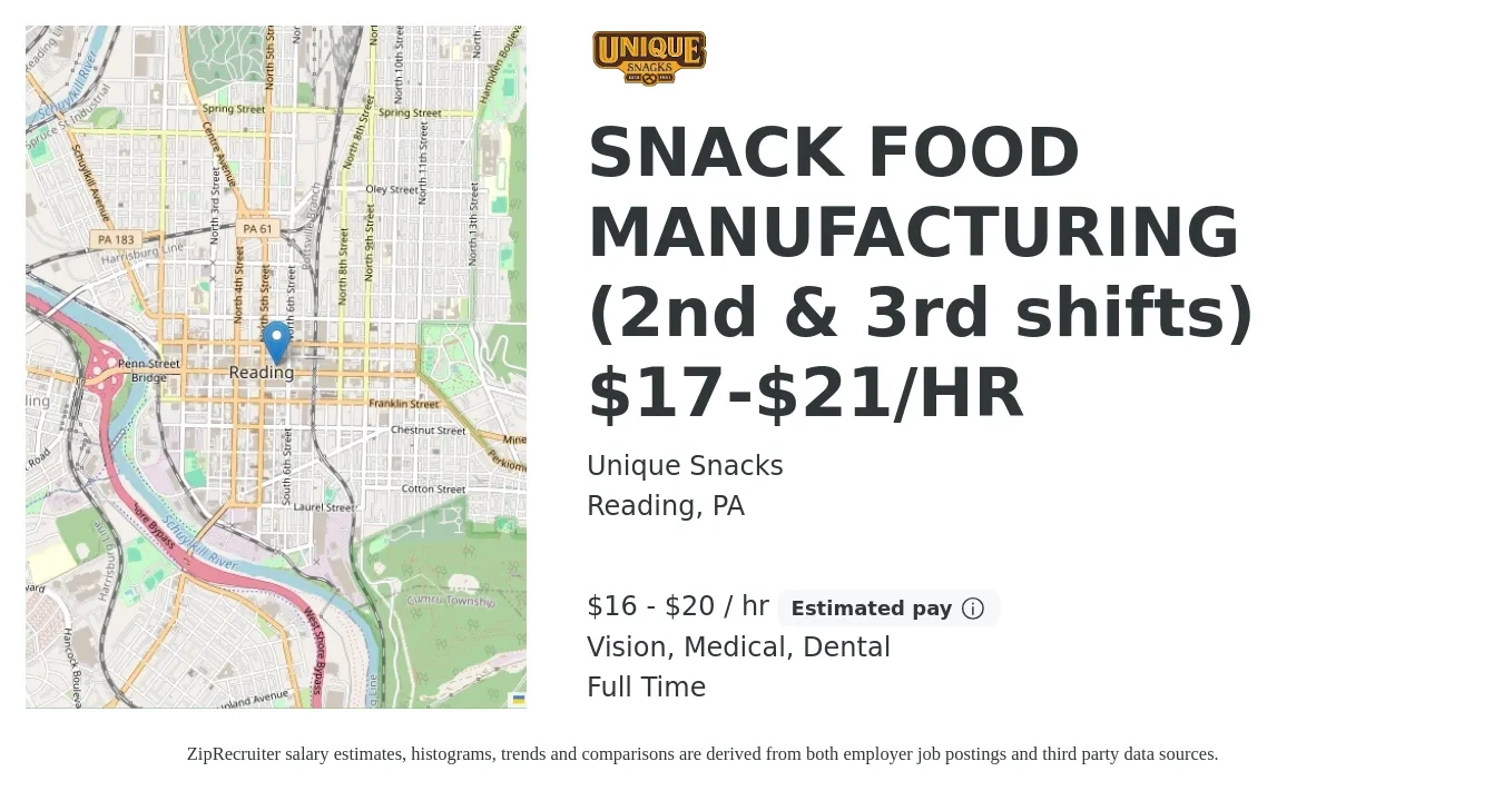 Unique Snacks job posting for a SNACK FOOD MANUFACTURING (2nd & 3rd shifts) $17-$21/HR in Reading, PA with a salary of $17 to $21 Hourly and benefits including life_insurance, medical, retirement, vision, and dental with a map of Reading location.