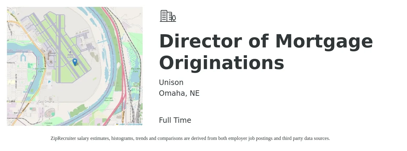 Unison job posting for a Director of Mortgage Originations in Omaha, NE with a salary of $15 to $42 Hourly with a map of Omaha location.