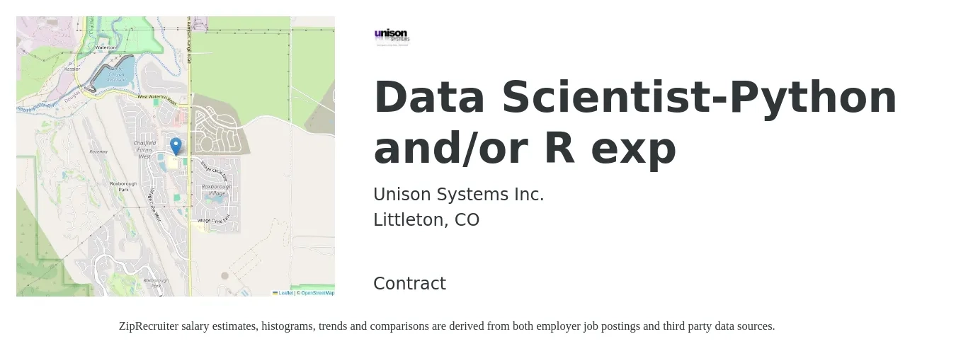 Unison Systems Inc. job posting for a Data Scientist-Python and/or R exp in Littleton, CO with a salary of $98,700 to $136,200 Yearly with a map of Littleton location.