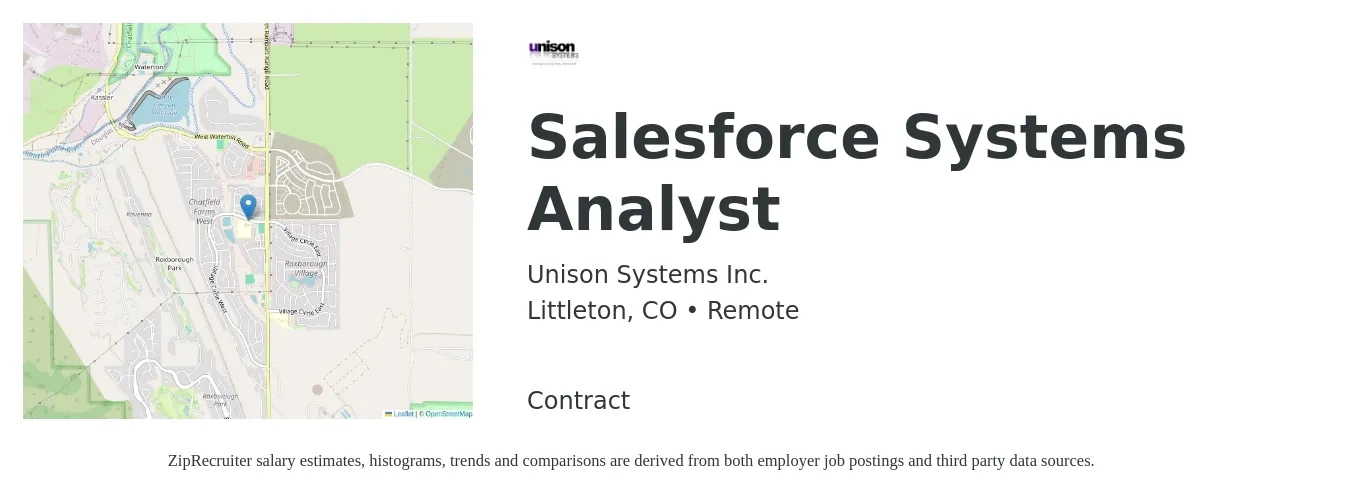 Unison Systems Inc. job posting for a Salesforce Systems Analyst in Littleton, CO with a salary of $66,100 to $108,200 Yearly with a map of Littleton location.