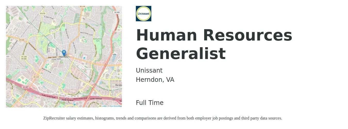 Unissant job posting for a Human Resources Generalist in Herndon, VA with a salary of $53,400 to $76,000 Yearly with a map of Herndon location.