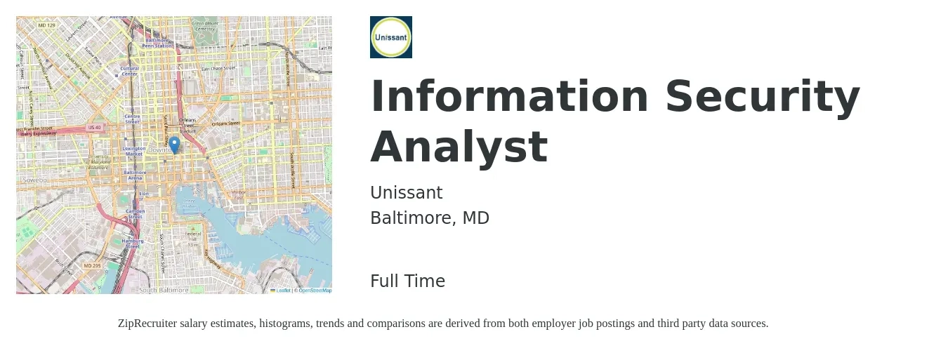 Unissant job posting for a Information Security Analyst in Baltimore, MD with a salary of $73,000 to $113,800 Yearly with a map of Baltimore location.