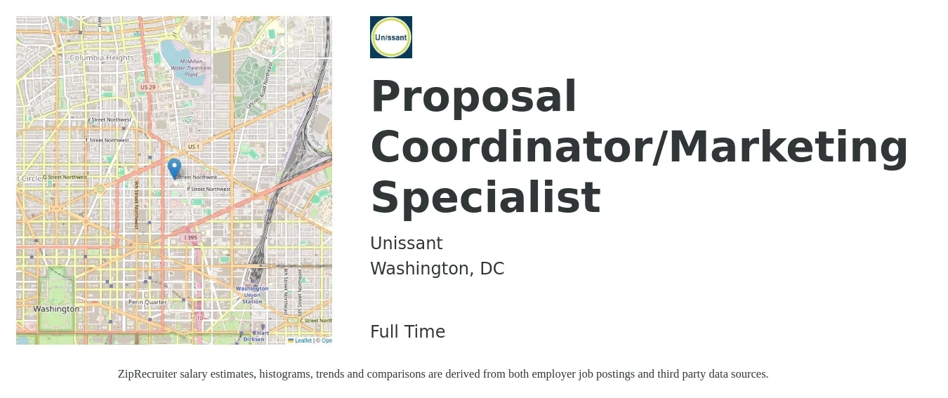 Unissant job posting for a Proposal Coordinator/Marketing Specialist in Washington, DC with a salary of $53,200 to $77,000 Yearly with a map of Washington location.