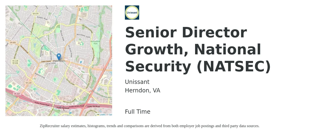 Unissant job posting for a Senior Director Growth, National Security (NATSEC) in Herndon, VA with a salary of $106,300 to $162,900 Yearly with a map of Herndon location.