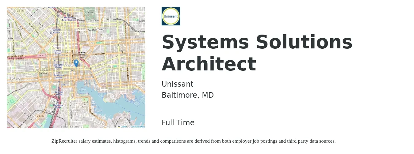 Unissant job posting for a Systems Solutions Architect in Baltimore, MD with a salary of $241,400 Yearly with a map of Baltimore location.