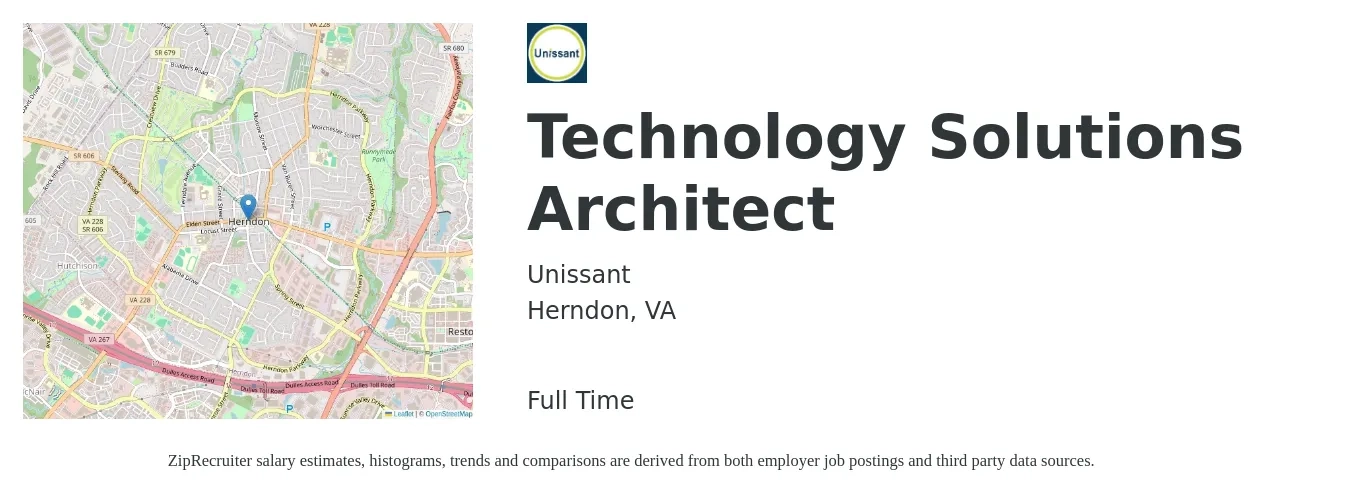 Unissant job posting for a Technology Solutions Architect in Herndon, VA with a salary of $42 to $52 Hourly with a map of Herndon location.