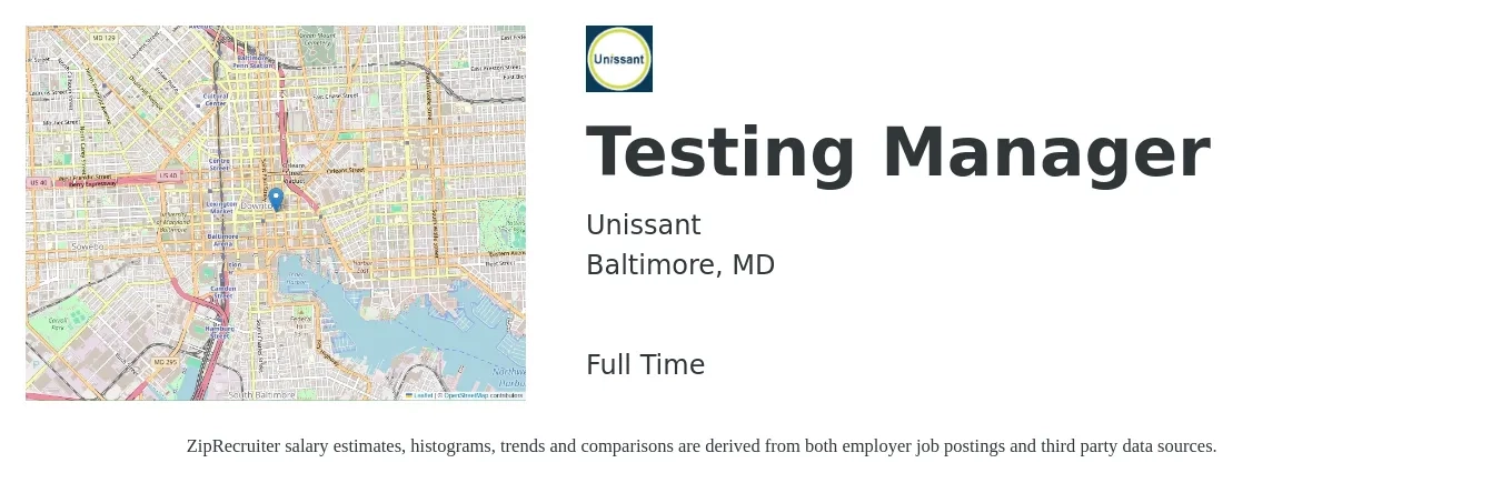 Unissant job posting for a Testing Manager in Baltimore, MD with a salary of $93,400 to $129,200 Yearly with a map of Baltimore location.