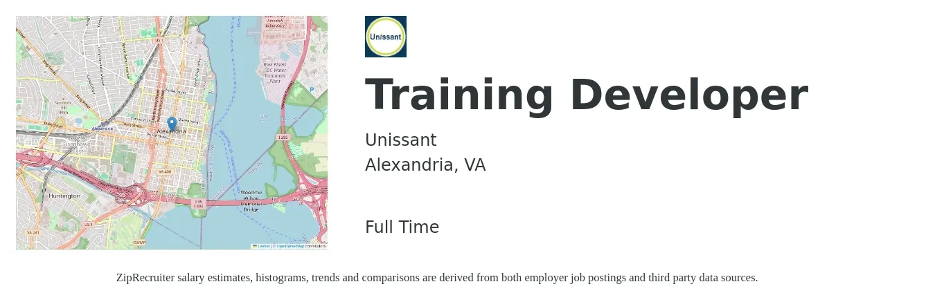 Unissant job posting for a Training Developer in Alexandria, VA with a salary of $30 to $50 Hourly with a map of Alexandria location.