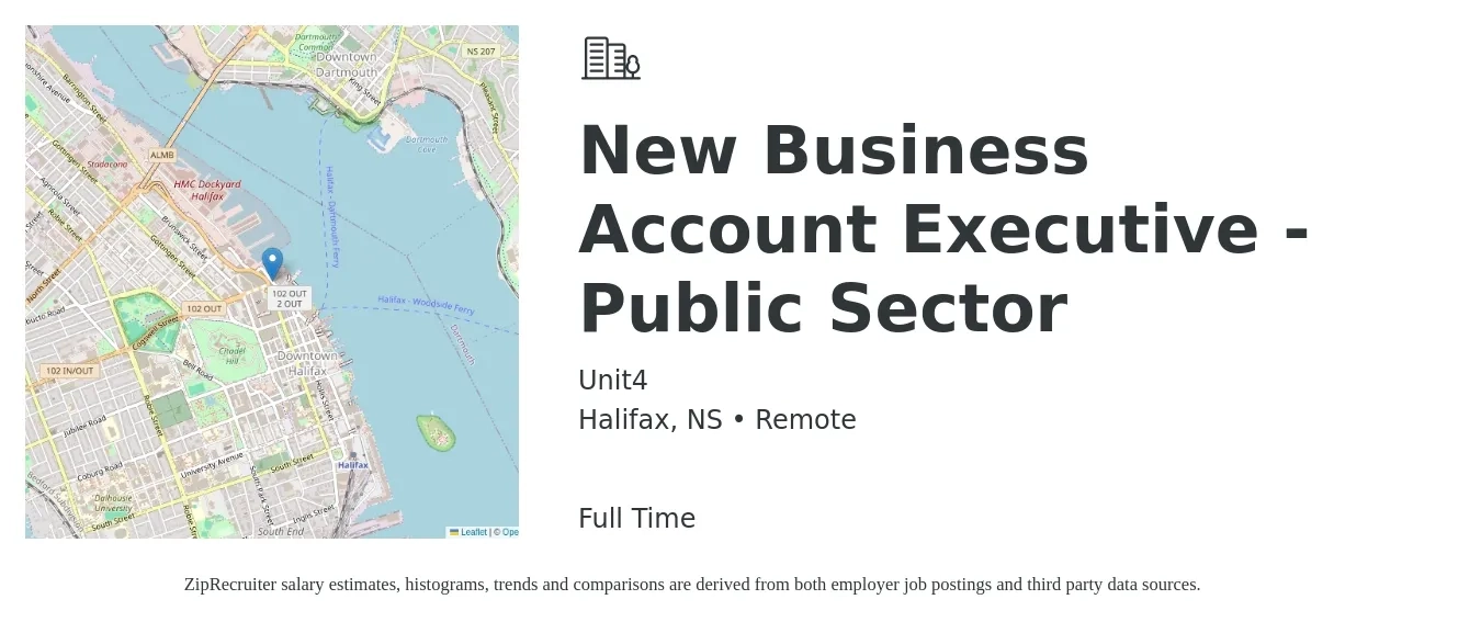 Unit4 job posting for a New Business Account Executive - Public Sector in Halifax, NS with a map of Halifax location.