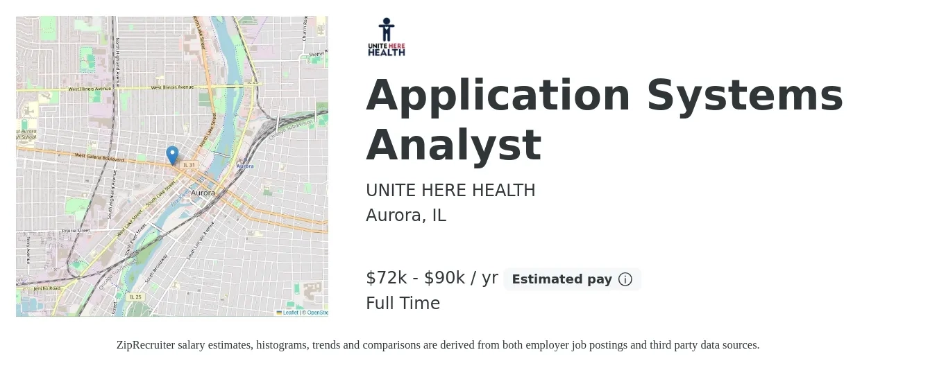 UNITE HERE HEALTH job posting for a Application Systems Analyst in Aurora, IL with a salary of $72,600 to $90,800 Yearly with a map of Aurora location.