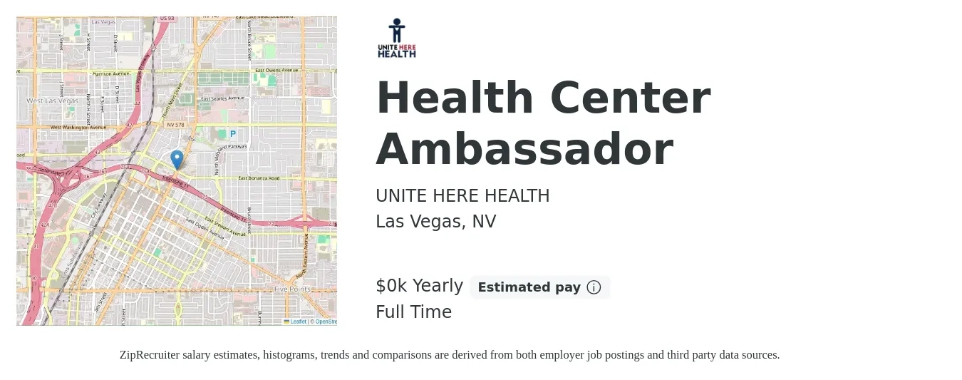 UNITE HERE HEALTH job posting for a Health Center Ambassador in Las Vegas, NV with a salary of $18 to $23 Yearly with a map of Las Vegas location.