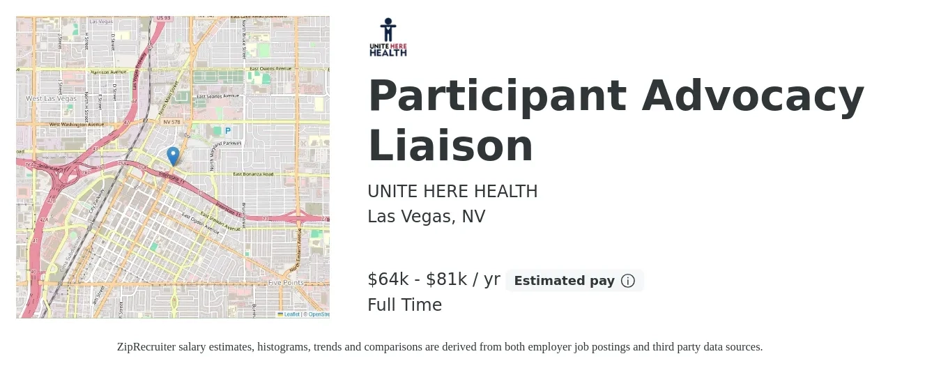 UNITE HERE HEALTH job posting for a Participant Advocacy Liaison in Las Vegas, NV with a salary of $64,900 to $81,100 Yearly with a map of Las Vegas location.