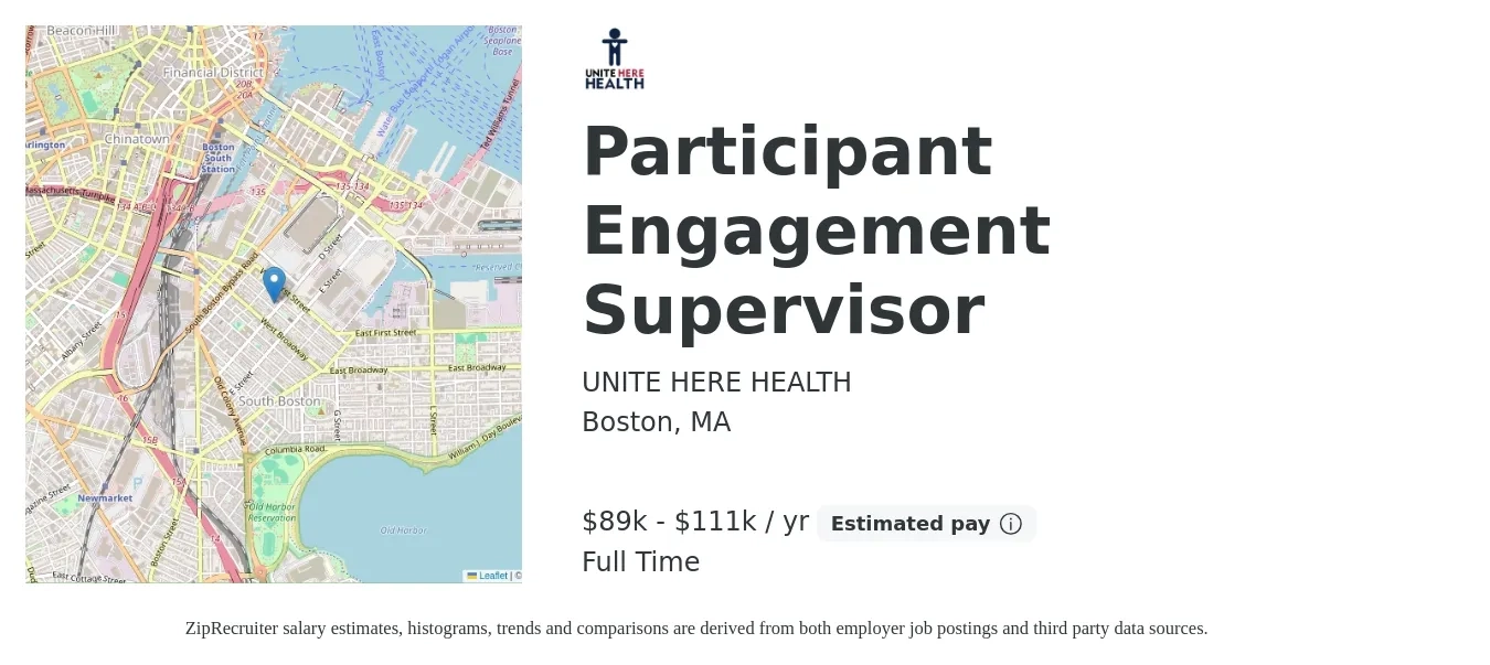 UNITE HERE HEALTH job posting for a Participant Engagement Supervisor in Boston, MA with a salary of $89,100 to $111,400 Yearly with a map of Boston location.