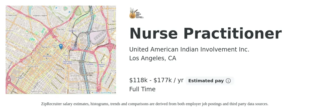 United American Indian Involvement Inc. job posting for a Nurse Practitioner in Los Angeles, CA with a salary of $118,386 to $177,579 Yearly with a map of Los Angeles location.