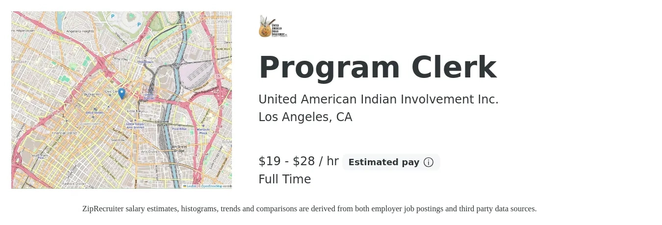 United American Indian Involvement Inc. job posting for a Program Clerk in Los Angeles, CA with a salary of $20 to $30 Hourly with a map of Los Angeles location.