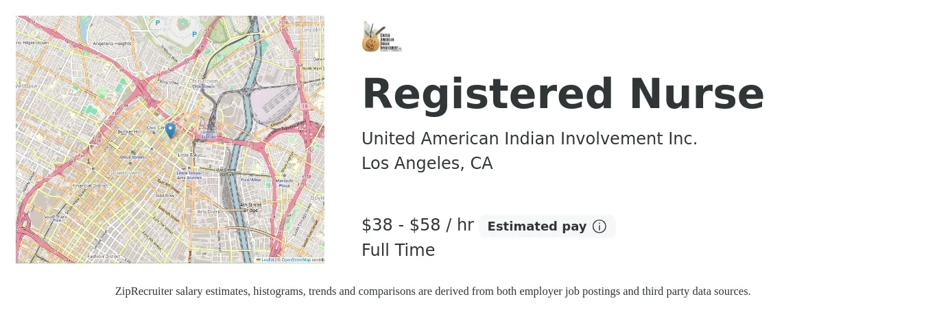 United American Indian Involvement Inc. job posting for a Registered Nurse in Los Angeles, CA with a salary of $41 to $61 Hourly with a map of Los Angeles location.