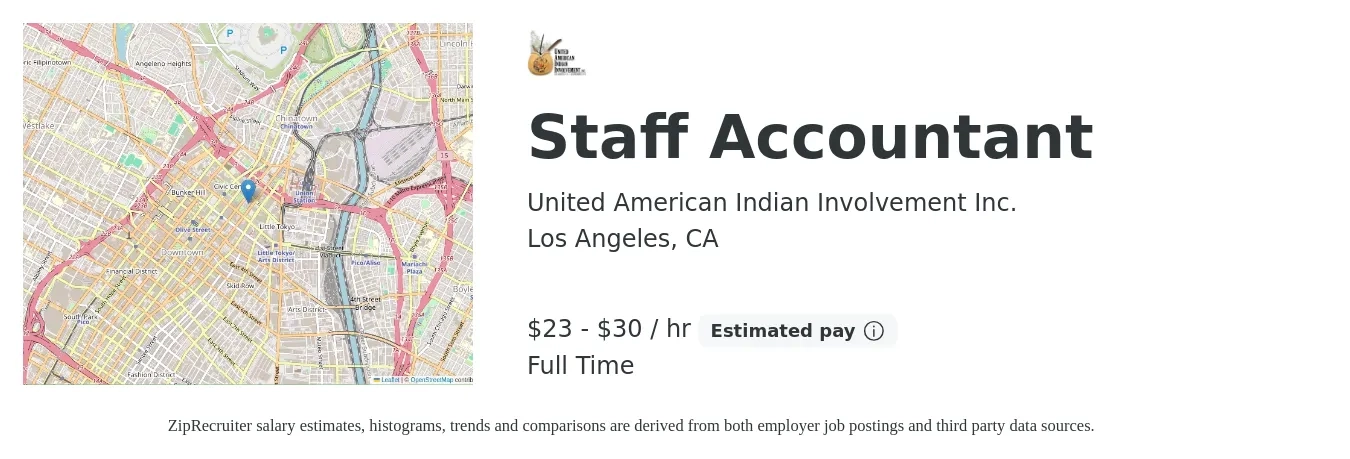 United American Indian Involvement Inc. job posting for a Staff Accountant in Los Angeles, CA with a salary of $24 to $31 Hourly with a map of Los Angeles location.