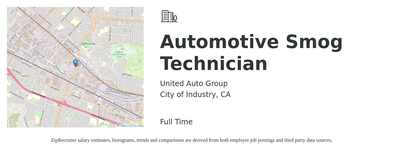 United Auto Group job posting for a Automotive Smog Technician in City of Industry, CA with a salary of $15 to $23 Hourly with a map of City of Industry location.