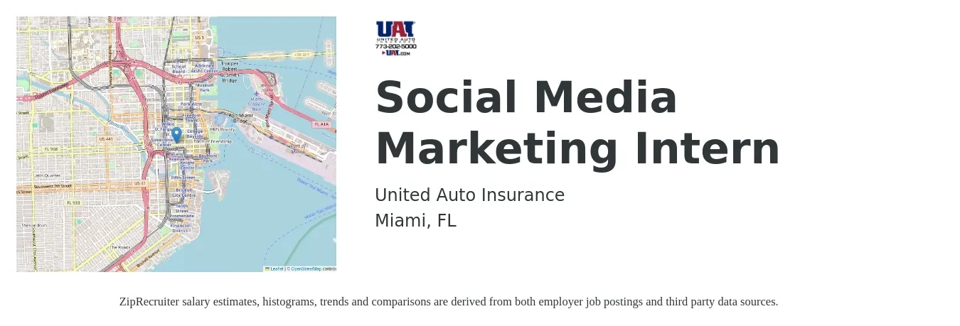 United Auto Insurance job posting for a Social Media Marketing Intern in Miami, FL with a salary of $14 to $18 Hourly with a map of Miami location.