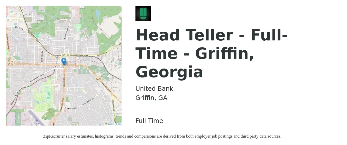 United Bank job posting for a Head Teller - Full-Time - Griffin, Georgia in Griffin, GA with a salary of $14 to $18 Hourly with a map of Griffin location.