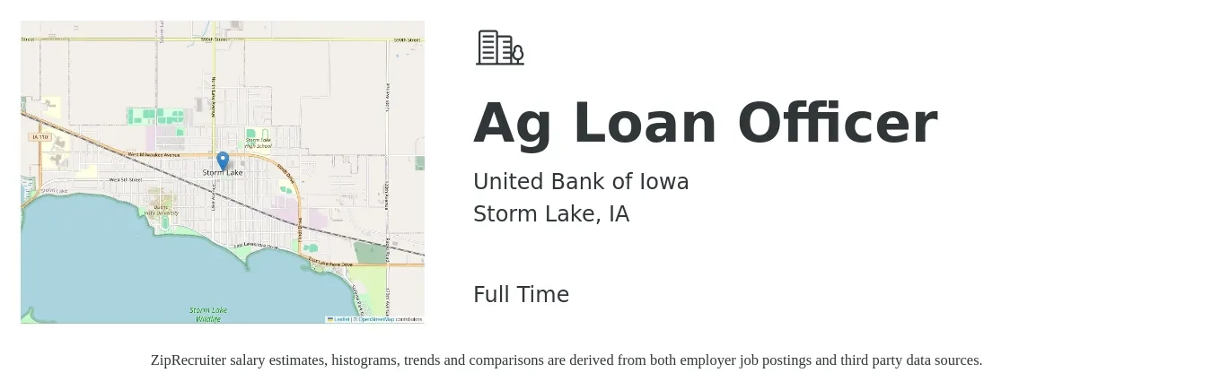 United Bank of Iowa job posting for a Ag Loan Officer in Storm Lake, IA with a salary of $40,400 to $79,100 Yearly with a map of Storm Lake location.