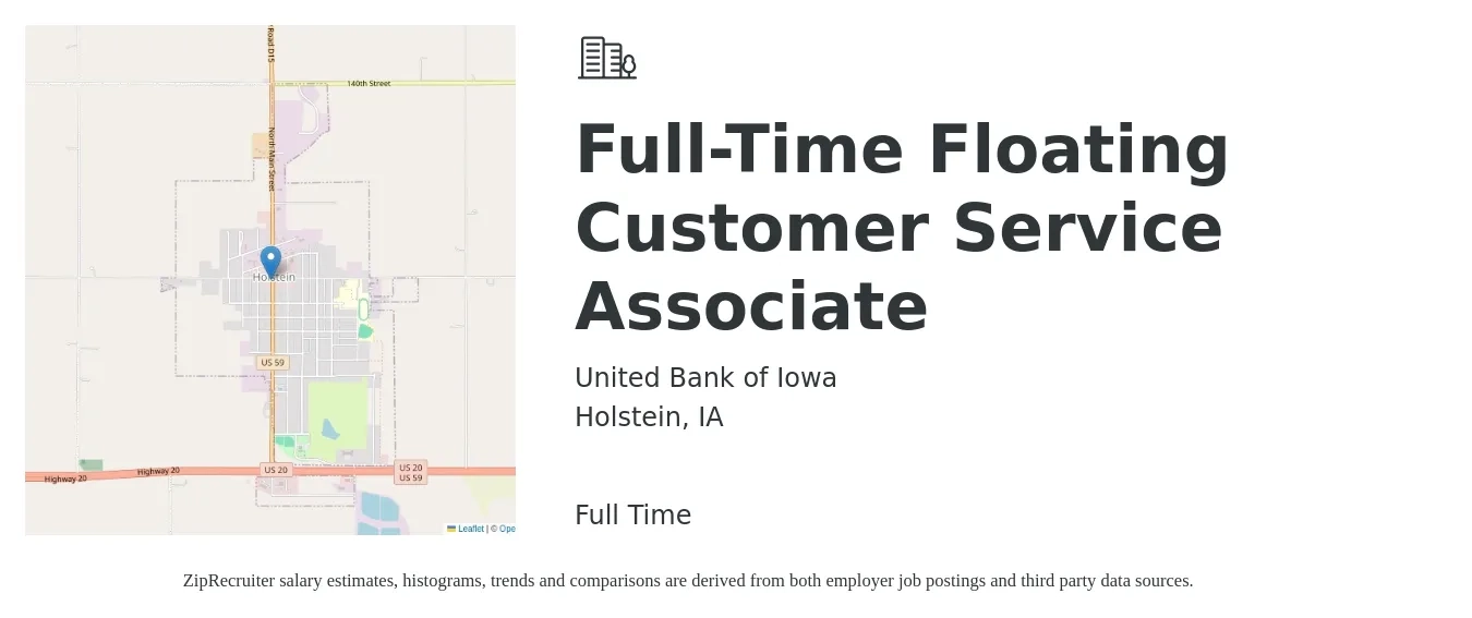 United Bank of Iowa job posting for a Full-Time Floating Customer Service Associate in Holstein, IA with a salary of $13 to $18 Hourly with a map of Holstein location.