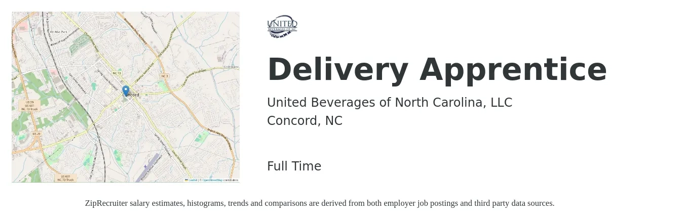 United Beverages of North Carolina, LLC job posting for a Delivery Apprentice in Concord, NC with a salary of $45,000 to $50,000 Yearly with a map of Concord location.