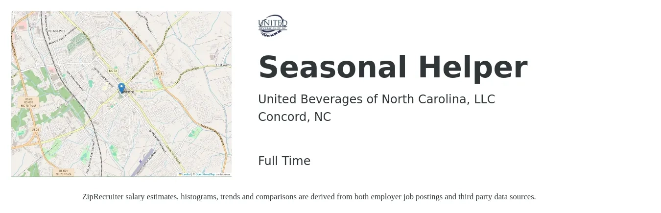 United Beverages of North Carolina, LLC job posting for a Seasonal Helper in Concord, NC with a salary of $14 to $16 Hourly with a map of Concord location.