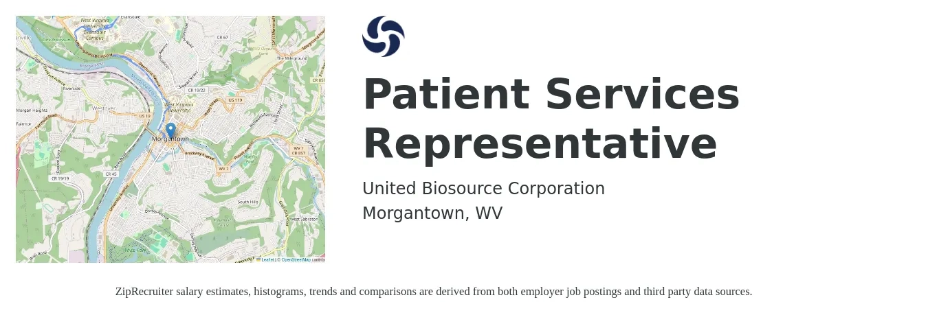 United Biosource Corporation job posting for a Patient Services Representative in Morgantown, WV with a salary of $18 to $23 Hourly with a map of Morgantown location.