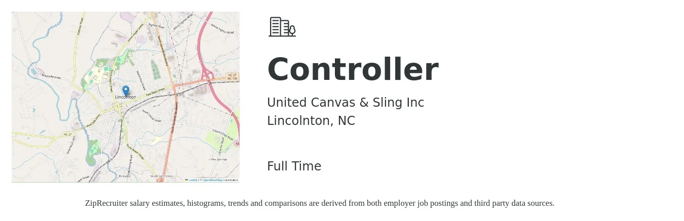 United Canvas & Sling Inc job posting for a Controller in Lincolnton, NC with a salary of $88,800 to $126,800 Yearly with a map of Lincolnton location.