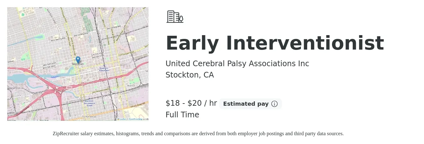 United Cerebral Palsy Associations Inc job posting for a Early Interventionist in Stockton, CA with a salary of $19 to $21 Hourly with a map of Stockton location.