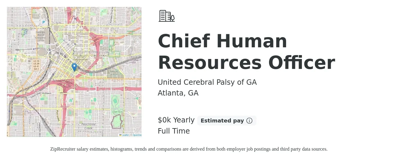 United Cerebral Palsy of GA job posting for a Chief Human Resources Officer in Atlanta, GA with a salary of $120 to $125 Yearly with a map of Atlanta location.