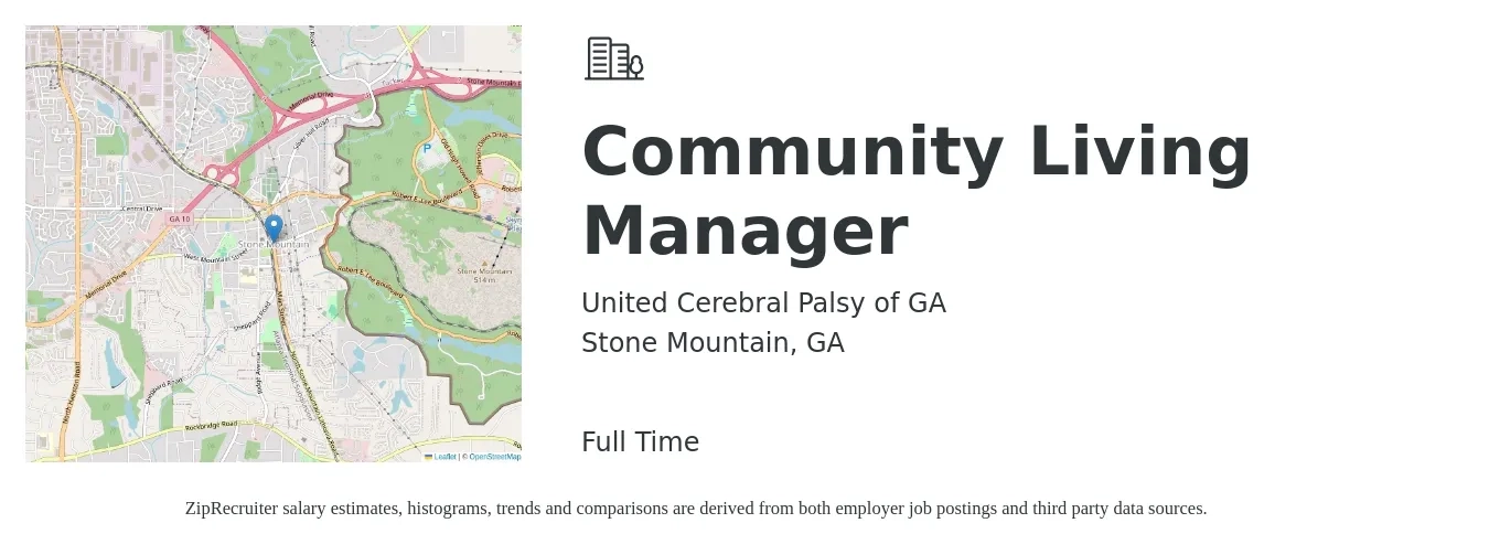 United Cerebral Palsy of GA job posting for a Community Living Manager in Stone Mountain, GA with a salary of $42,500 to $60,600 Yearly with a map of Stone Mountain location.