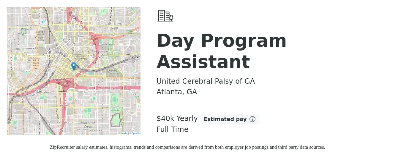 United Cerebral Palsy of GA job posting for a Day Program Assistant in Atlanta, GA with a salary of $40,000 Yearly with a map of Atlanta location.