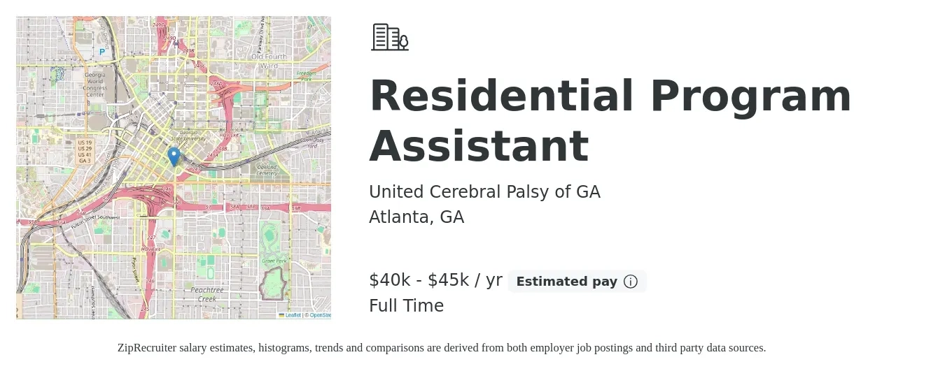 United Cerebral Palsy of GA job posting for a Residential Program Assistant in Atlanta, GA with a salary of $40,000 to $45,000 Yearly with a map of Atlanta location.