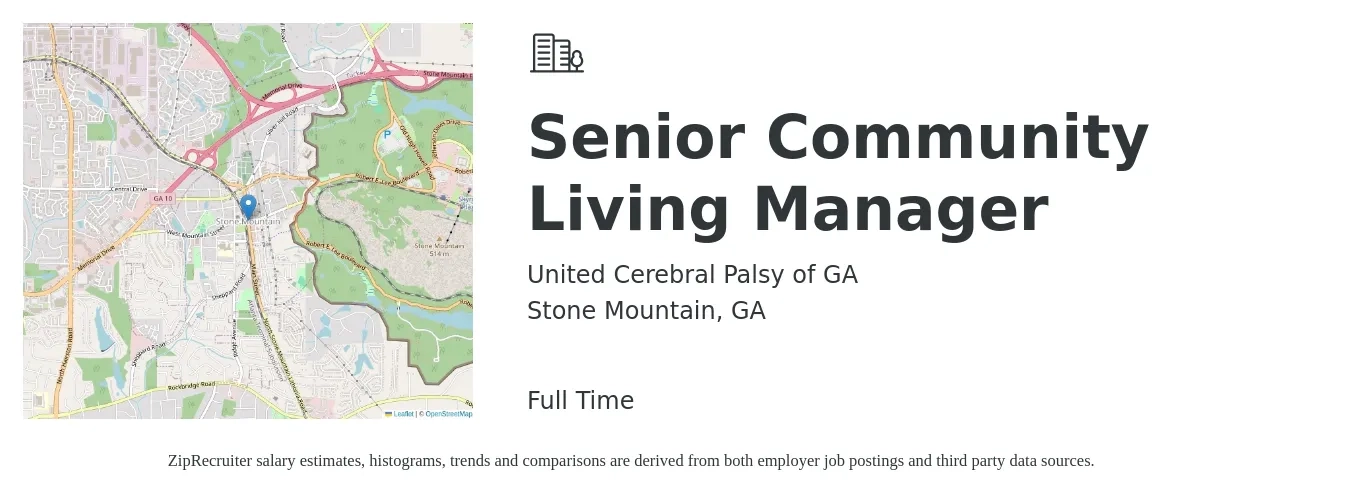 United Cerebral Palsy of GA job posting for a Senior Community Living Manager in Stone Mountain, GA with a salary of $44,500 to $63,400 Yearly with a map of Stone Mountain location.