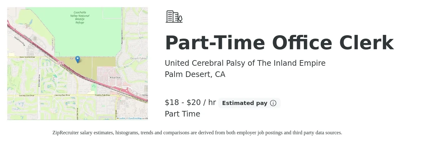 United Cerebral Palsy of The Inland Empire job posting for a Part-Time Office Clerk in Palm Desert, CA with a salary of $19 to $21 Hourly with a map of Palm Desert location.