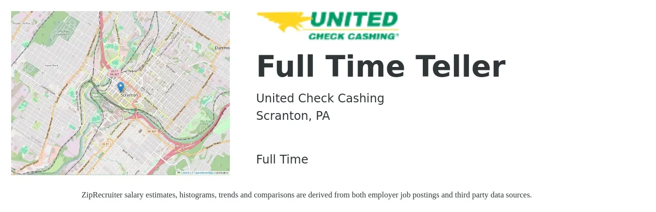 United Check Cashing job posting for a Full Time Teller in Scranton, PA with a salary of $16 to $20 Hourly with a map of Scranton location.