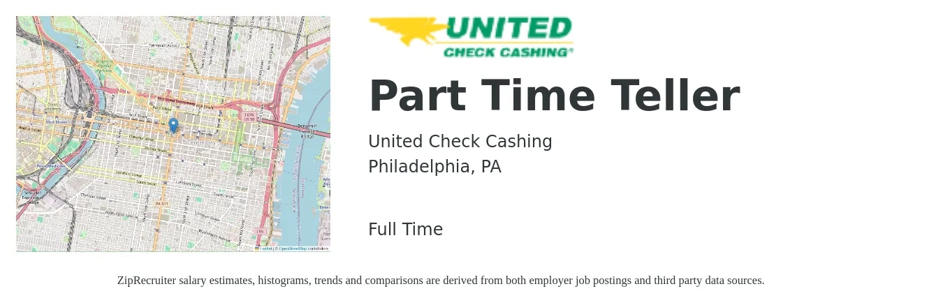 United Check Cashing job posting for a Part Time Teller in Philadelphia, PA with a salary of $16 to $20 Hourly with a map of Philadelphia location.
