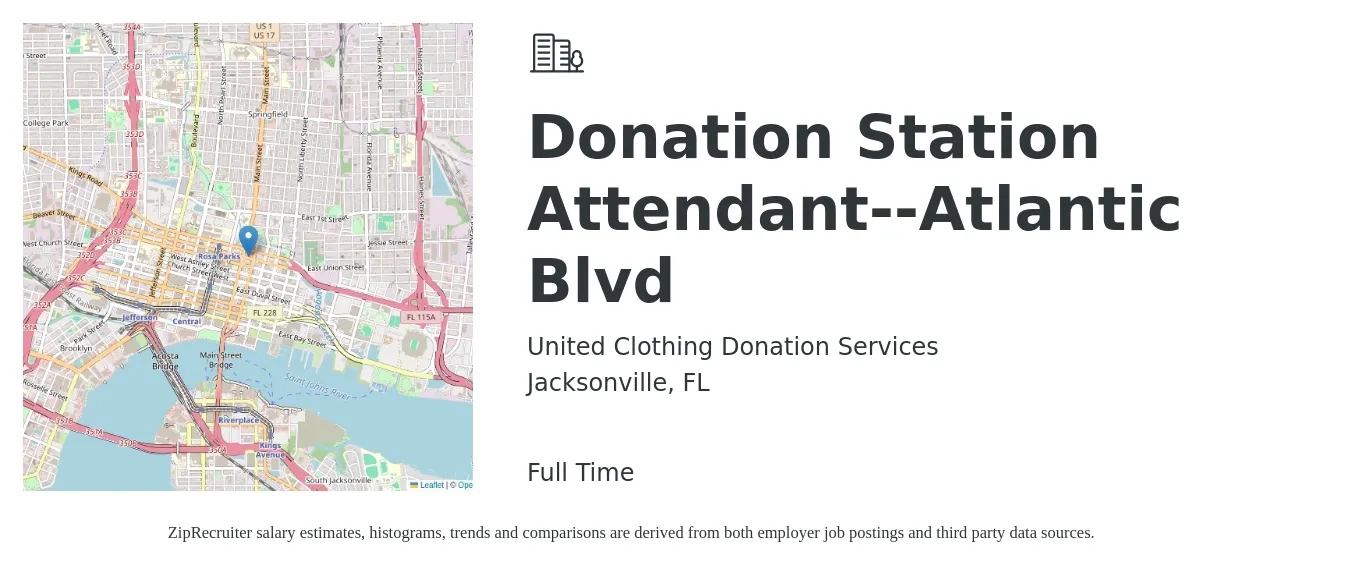 United Clothing Donation Services job posting for a Donation Station Attendant--Atlantic Blvd in Jacksonville, FL with a salary of $12 to $16 Hourly with a map of Jacksonville location.
