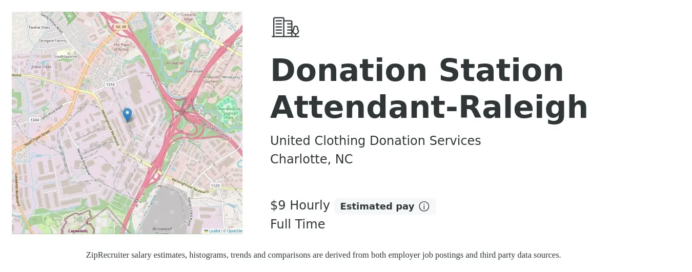 United Clothing Donation Services job posting for a Donation Station Attendant-Raleigh in Charlotte, NC with a salary of $10 Hourly with a map of Charlotte location.