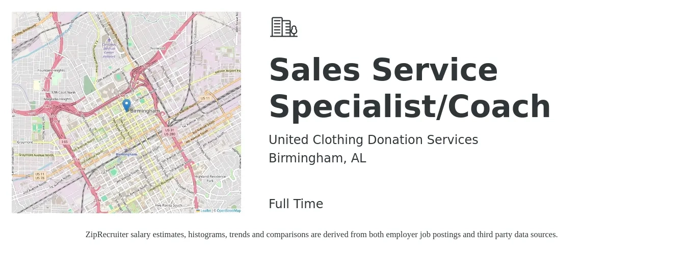 United Clothing Donation Services job posting for a Sales Service Specialist/Coach in Birmingham, AL with a salary of $17 to $29 Hourly with a map of Birmingham location.