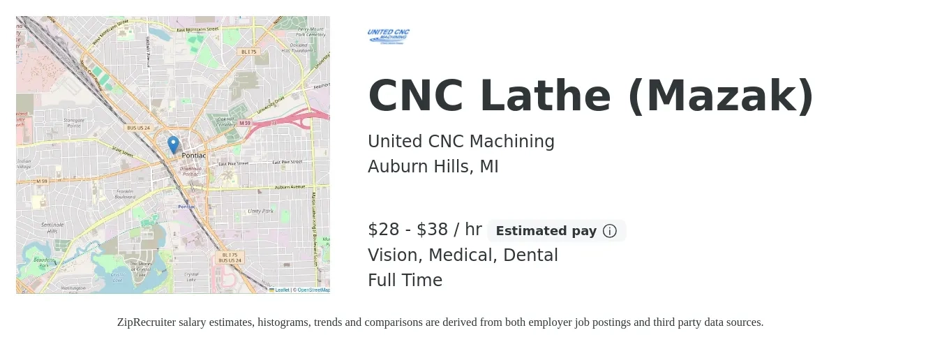 United CNC Machining job posting for a CNC Lathe (Mazak) in Auburn Hills, MI with a salary of $30 to $40 Hourly and benefits including dental, life_insurance, medical, retirement, and vision with a map of Auburn Hills location.