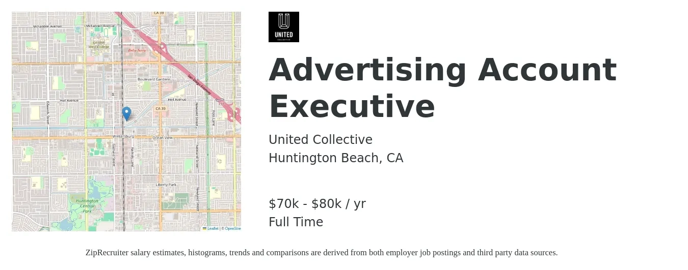 United Collective job posting for a Advertising Account Executive in Huntington Beach, CA with a salary of $70,000 to $80,000 Yearly with a map of Huntington Beach location.