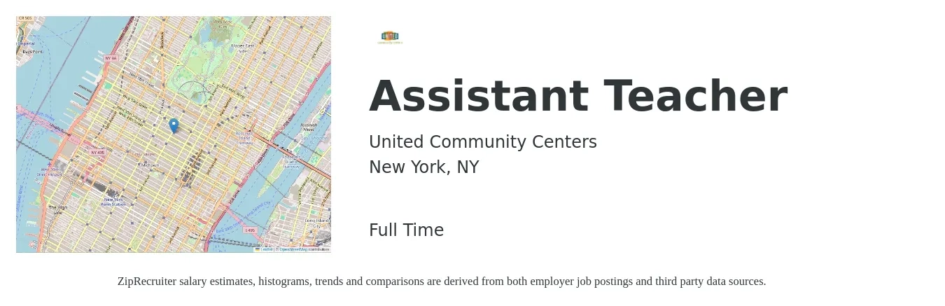 United Community Centers job posting for a Assistant Teacher in New York, NY with a salary of $14 to $18 Hourly with a map of New York location.