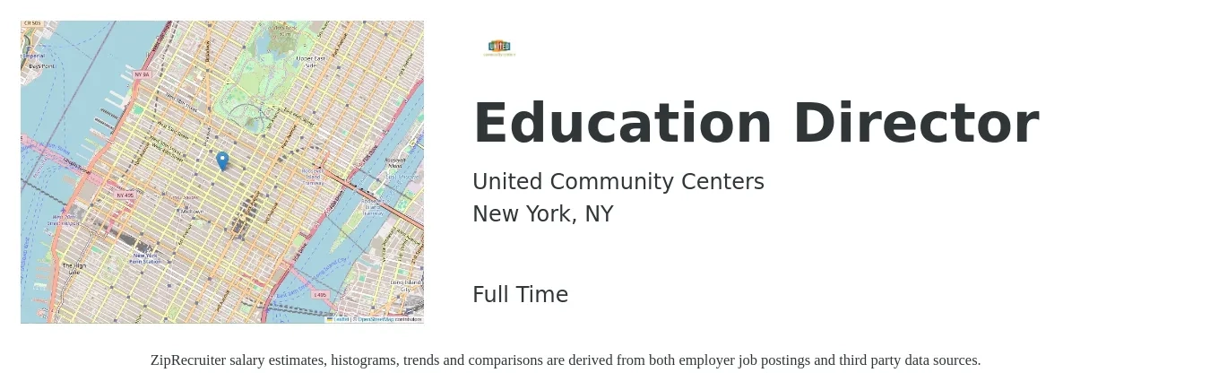 United Community Centers job posting for a Education Director in New York, NY with a salary of $52,800 to $89,600 Yearly with a map of New York location.